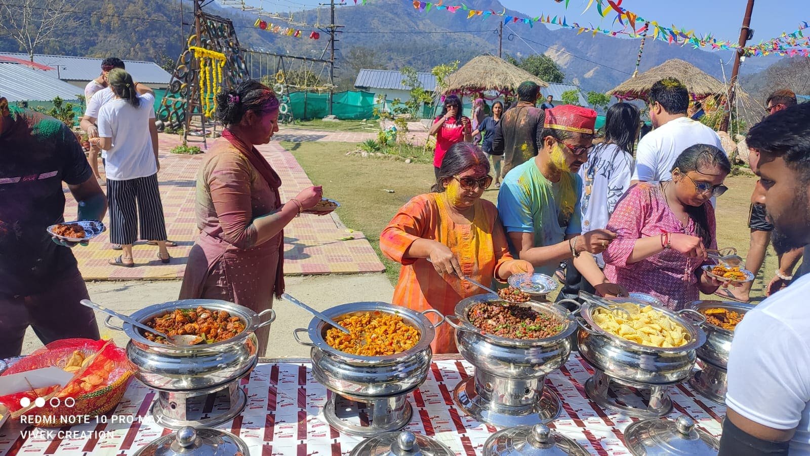 Festive food buffet setup in the open garden at Shivadri Resort, Rishikesh